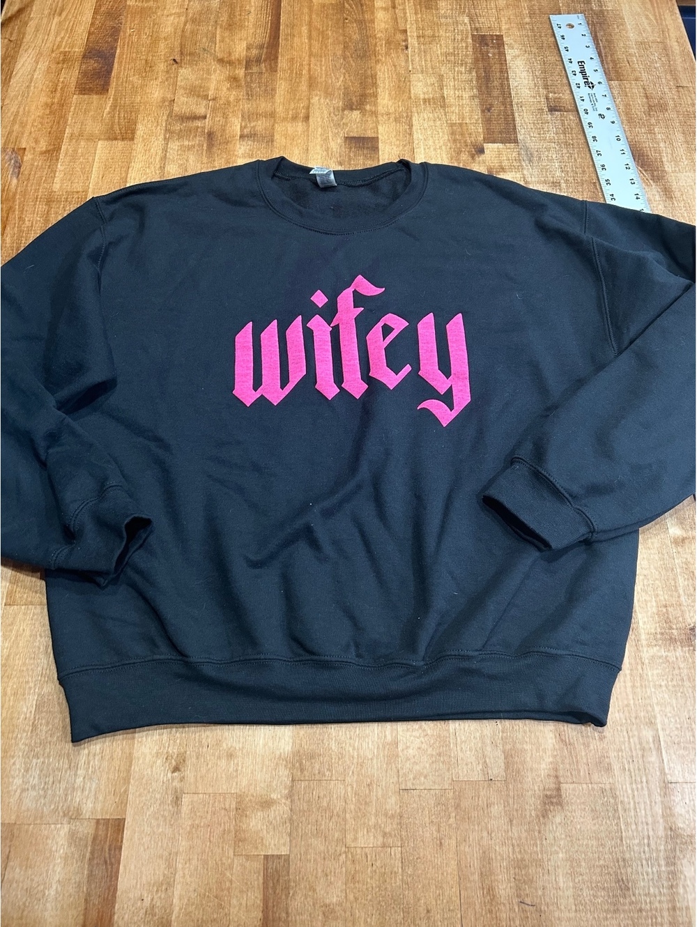 Black Crewneck Sweatshirt with Pink 'Wifey' Print, Size Large